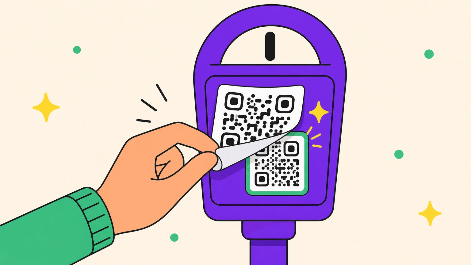 Un faux QR code autocollant décollé d'un parcmètre, révélant le vrai code dessous