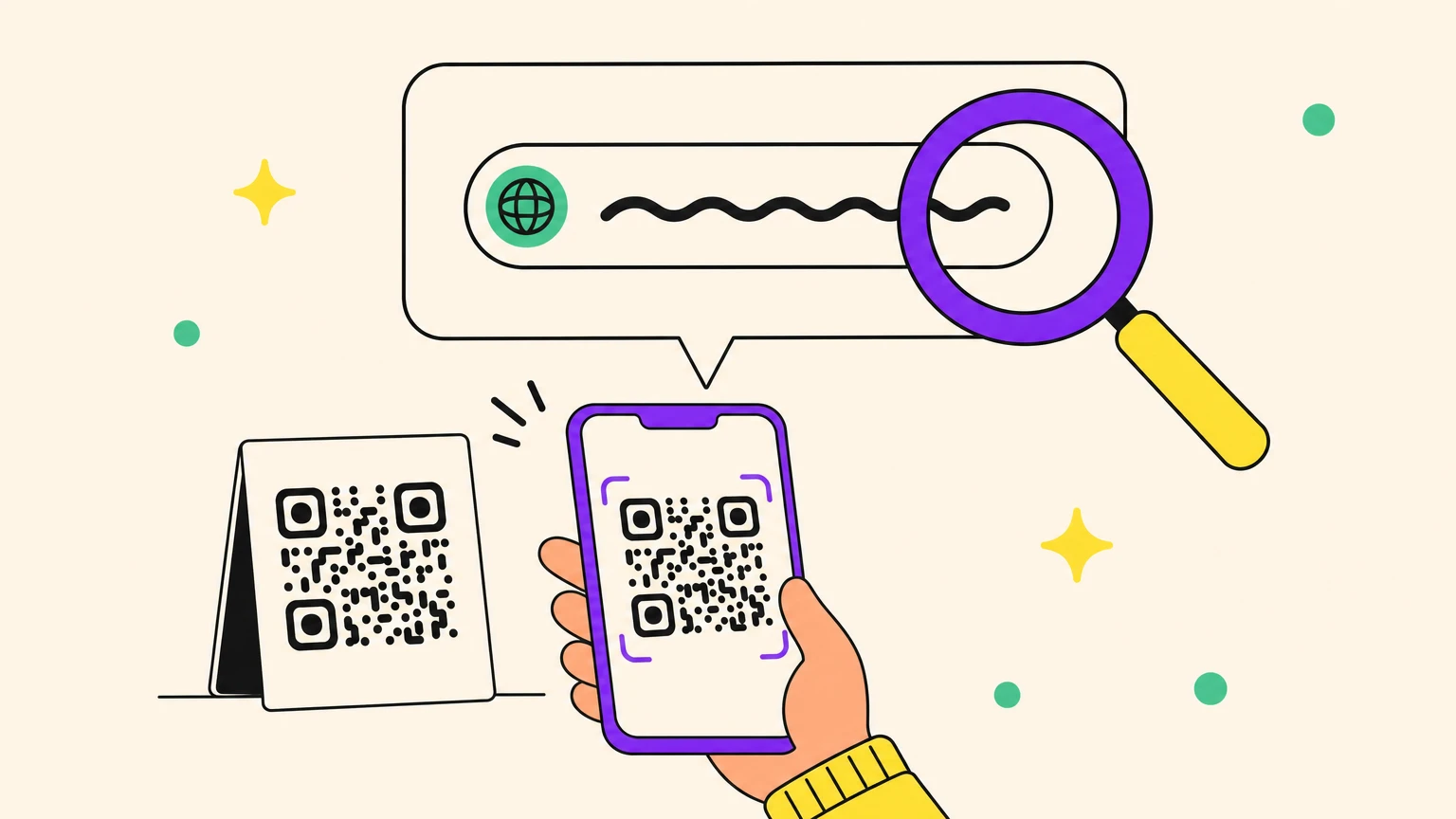 Un smartphone scanne un QR code et affiche l'aperçu de l'URL, inspecté à la loupe