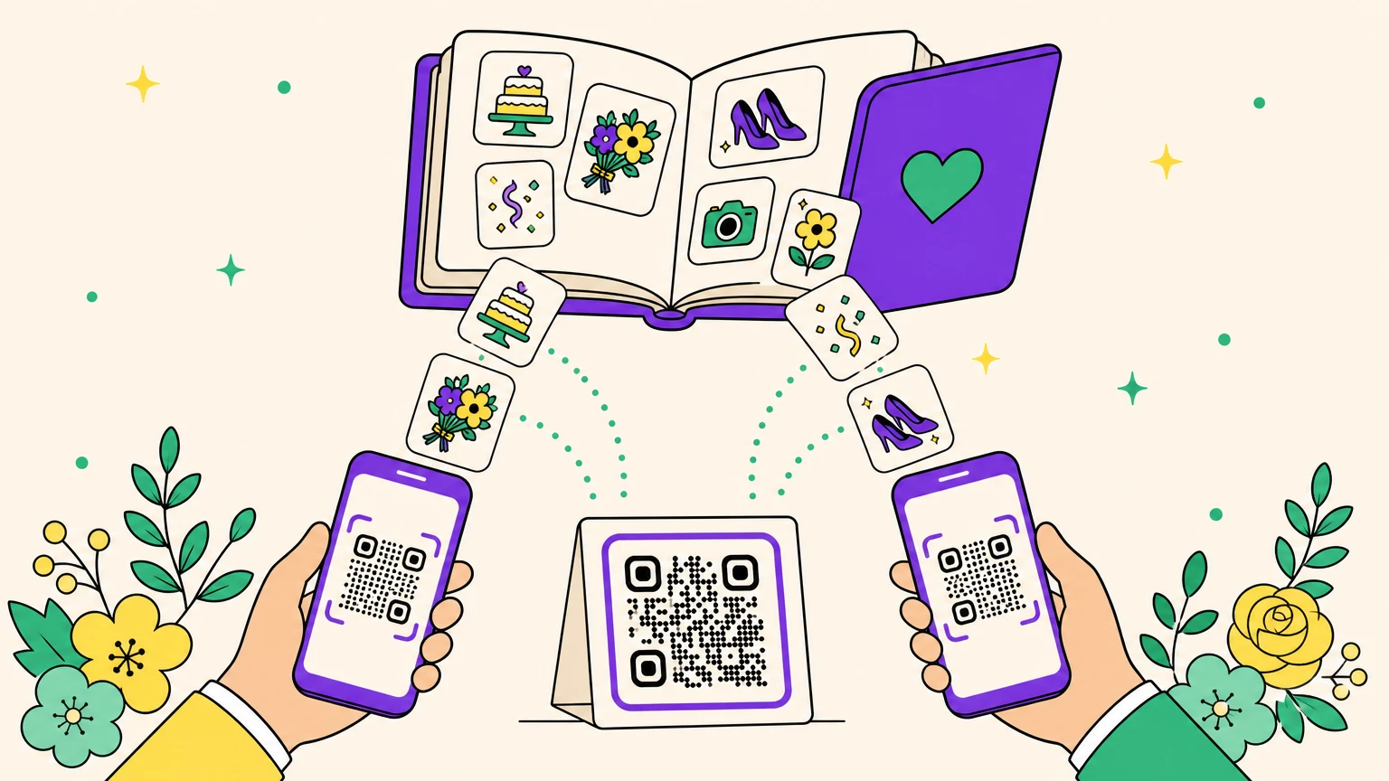 Two wedding guests scan a QR code and their photos flow into one shared album