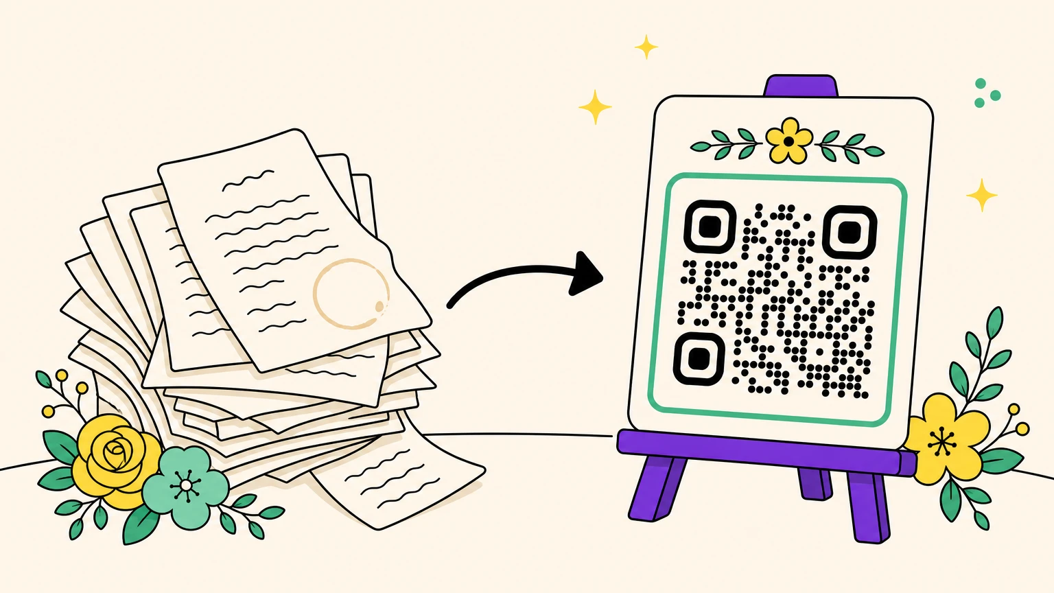 A stack of printed menus replaced by one elegant QR code panel on an easel