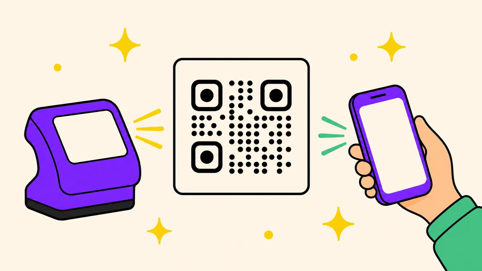 Un código QR leído por una terminal de caja y un teléfono a la vez