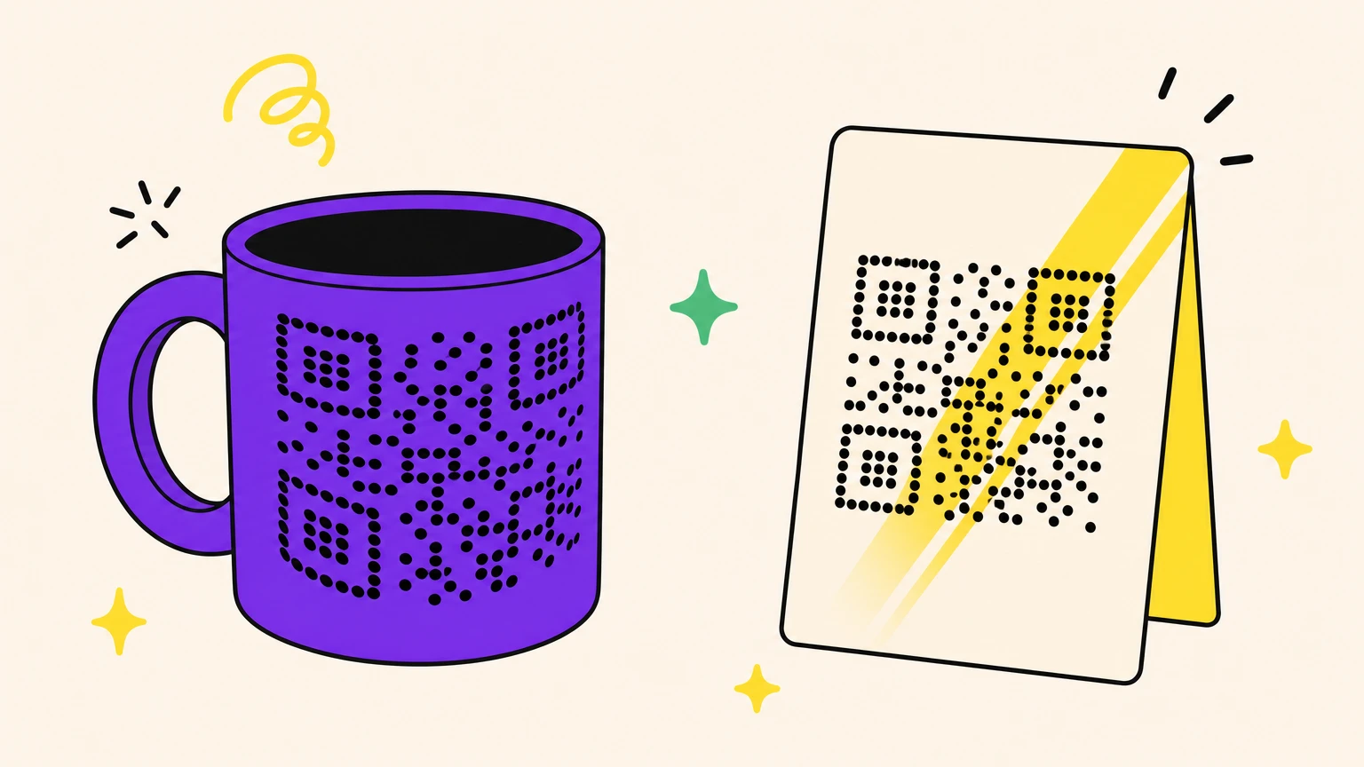 Un QR code déformé sur un mug et un autre frappé par un reflet sur un chevalet