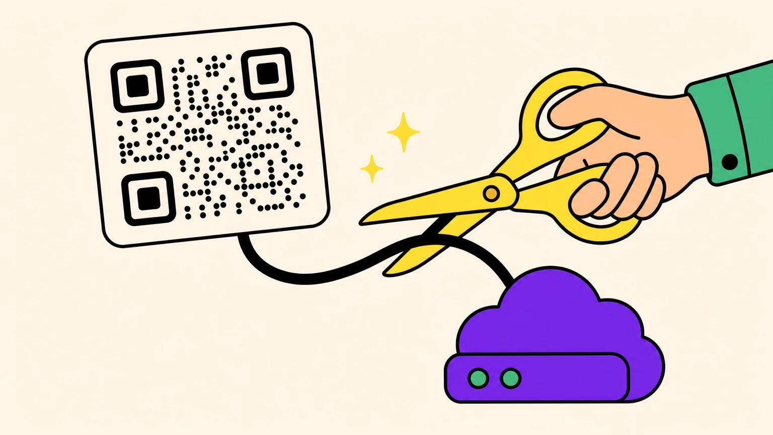 Scissors about to cut the cord between a QR code and the redirect server behind it