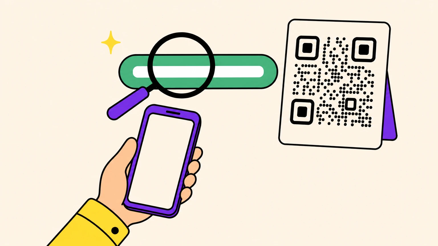 A magnifying glass inspecting the link preview shown above a phone scanning a QR code