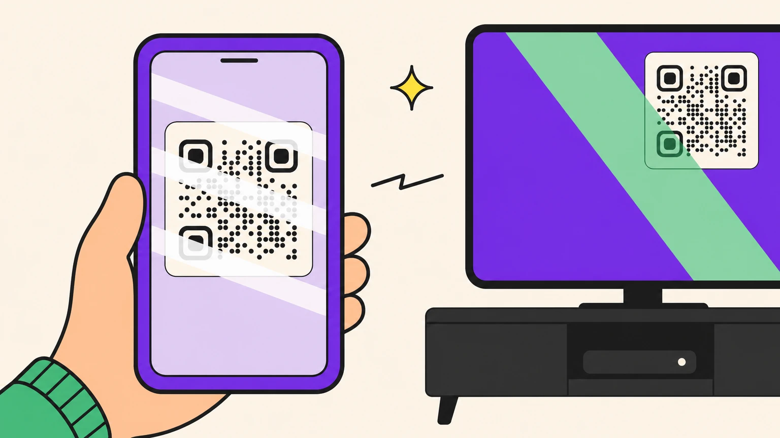 Phone viewfinder showing a QR code covered by glare and moire stripes, TV screen in the background
