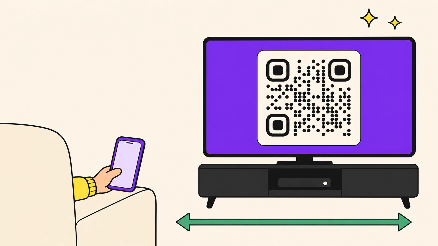 QR code displayed large on a TV screen, scanned from a sofa across the room