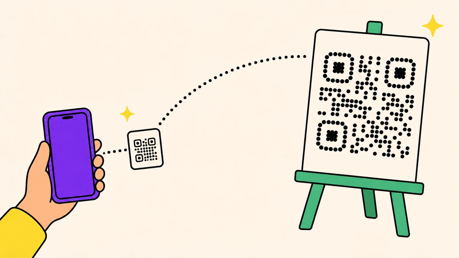 Téléphone scannant un petit QR code de près et un grand QR code sur chevalet de loin, reliés par des pointillés