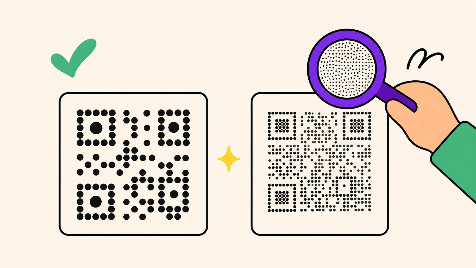 Deux QR codes de même taille côte à côte, l'un à gros points espacés, l'autre à points minuscules sous une loupe