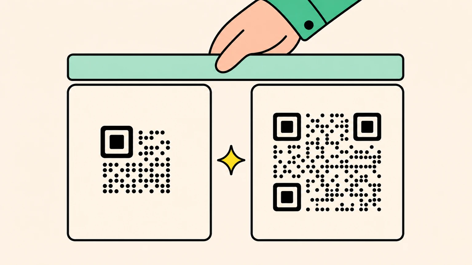 Un micro QR à un seul motif de repérage à côté d'un QR standard à trois, à taille égale, sous une règle