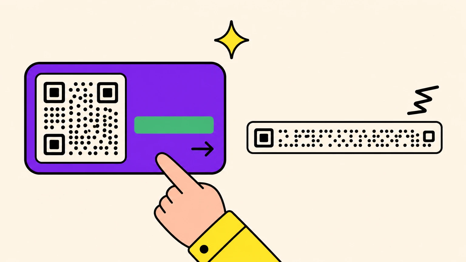 Un QR carré dans un cadre rectangulaire avec une bande d'appel à l'action, à côté d'une fine bande rMQR