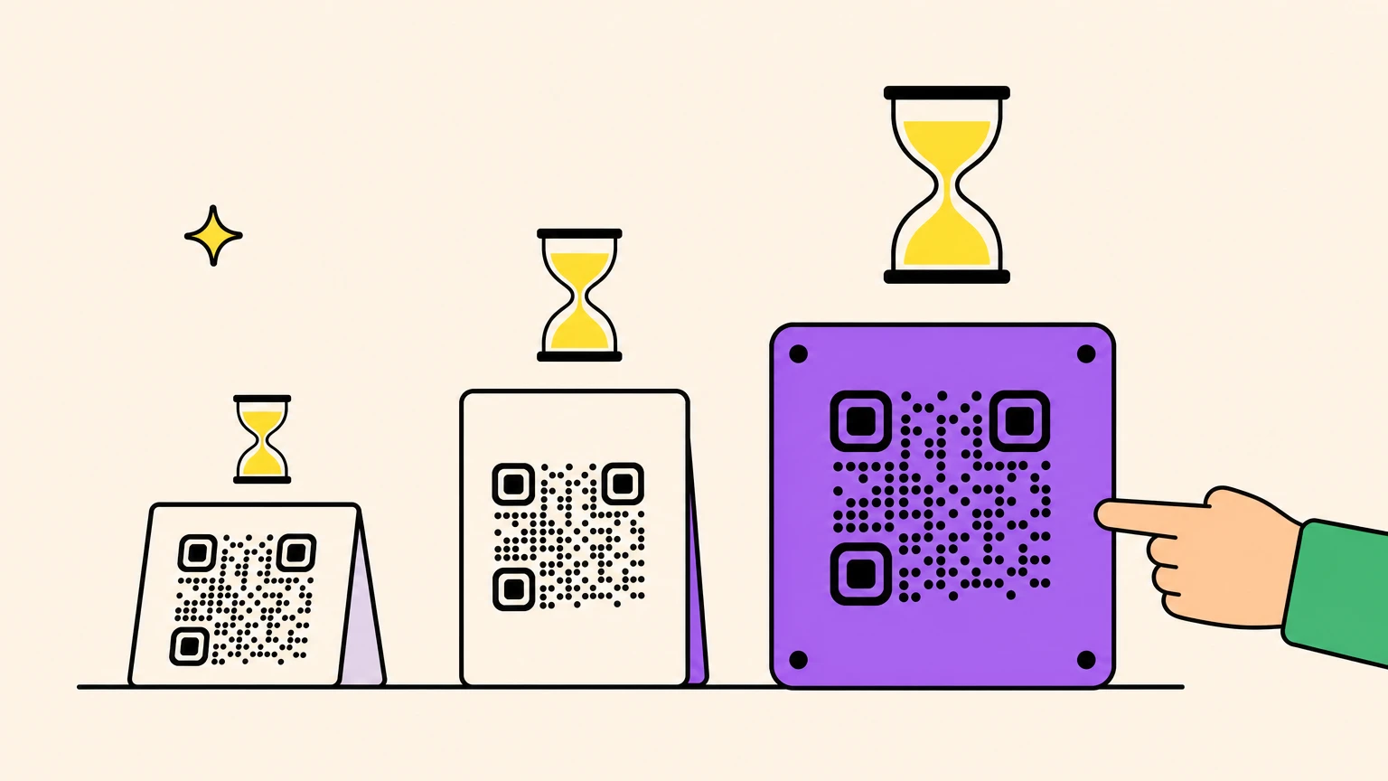 Three printed objects of increasing lifespan, a table tent, a menu and a metal plaque, each with a QR code and a bigger hourglass above it