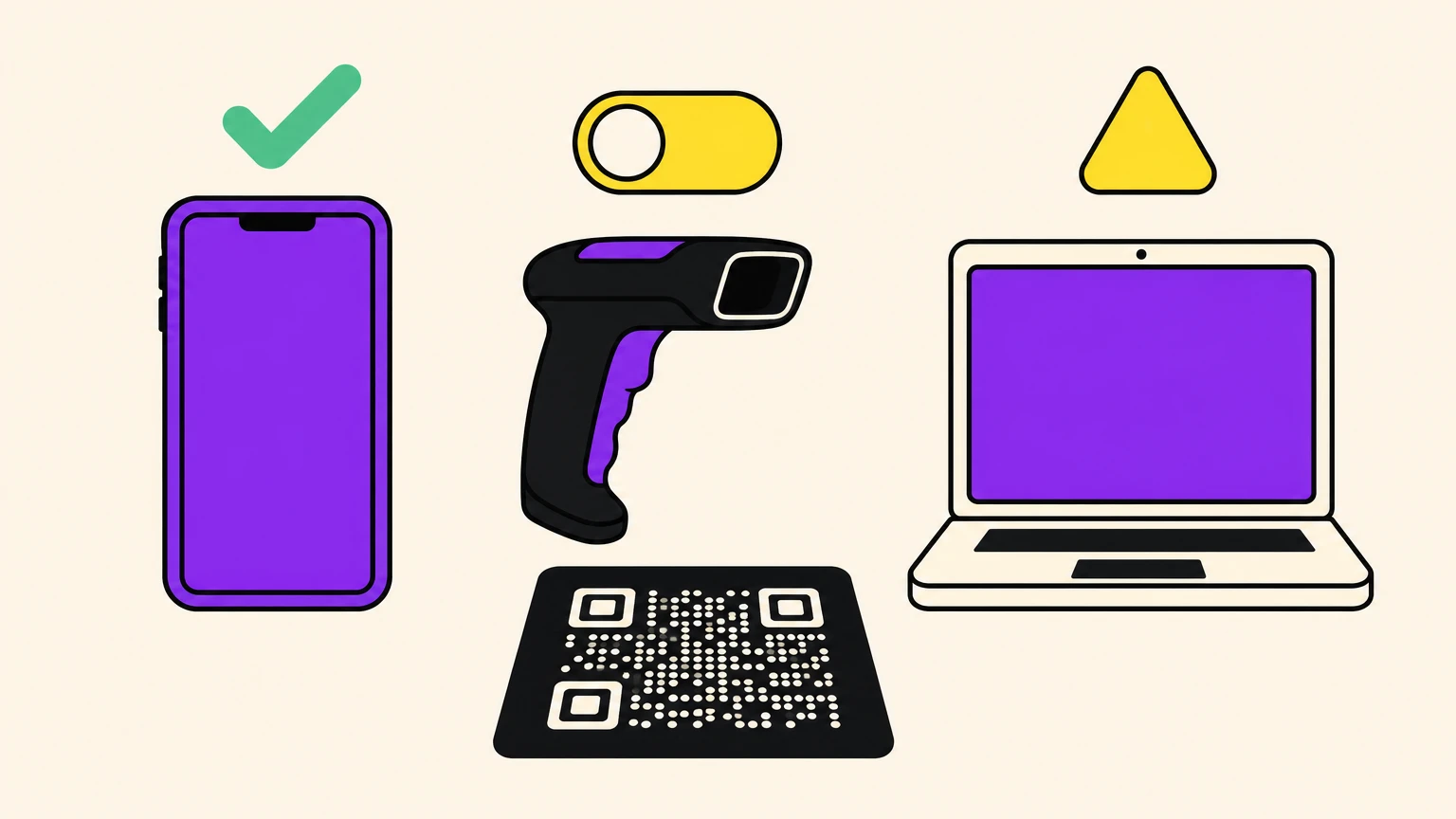 Which readers scan an inverted QR code: a phone, a handheld scanner with its setting off, and a laptop