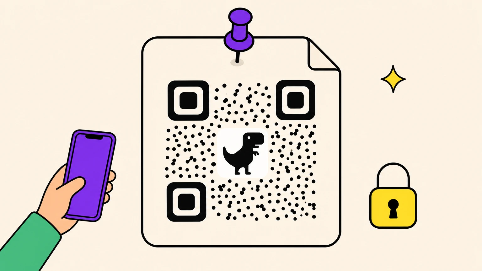 Le QR code de Chrome, un seul fichier PNG statique : une carte épinglée avec le code en points et le dinosaure au centre