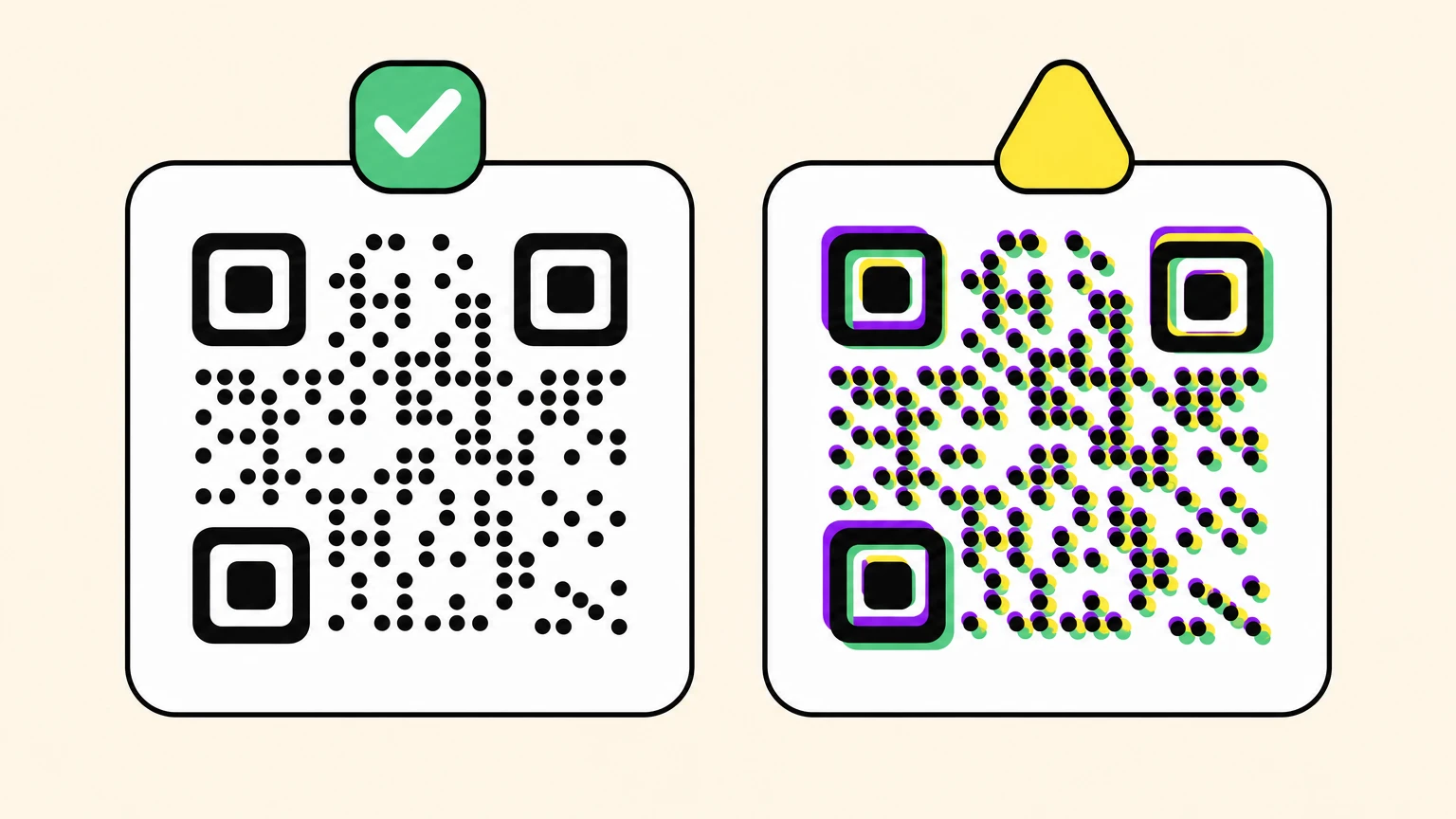 El mismo código QR impreso dos veces: nítido a la izquierda con una sola tinta negra, borroso a la derecha cuando varias tintas se desalinean
