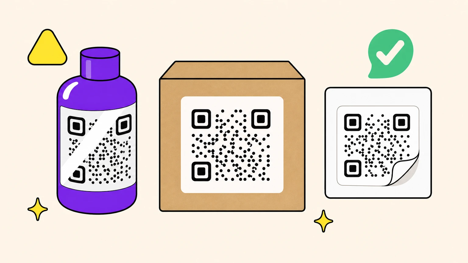Tres superficies para un código QR impreso: una botella brillante con un reflejo sobre el código, una caja kraft con un parche blanco bajo el código y una etiqueta mate que se escanea