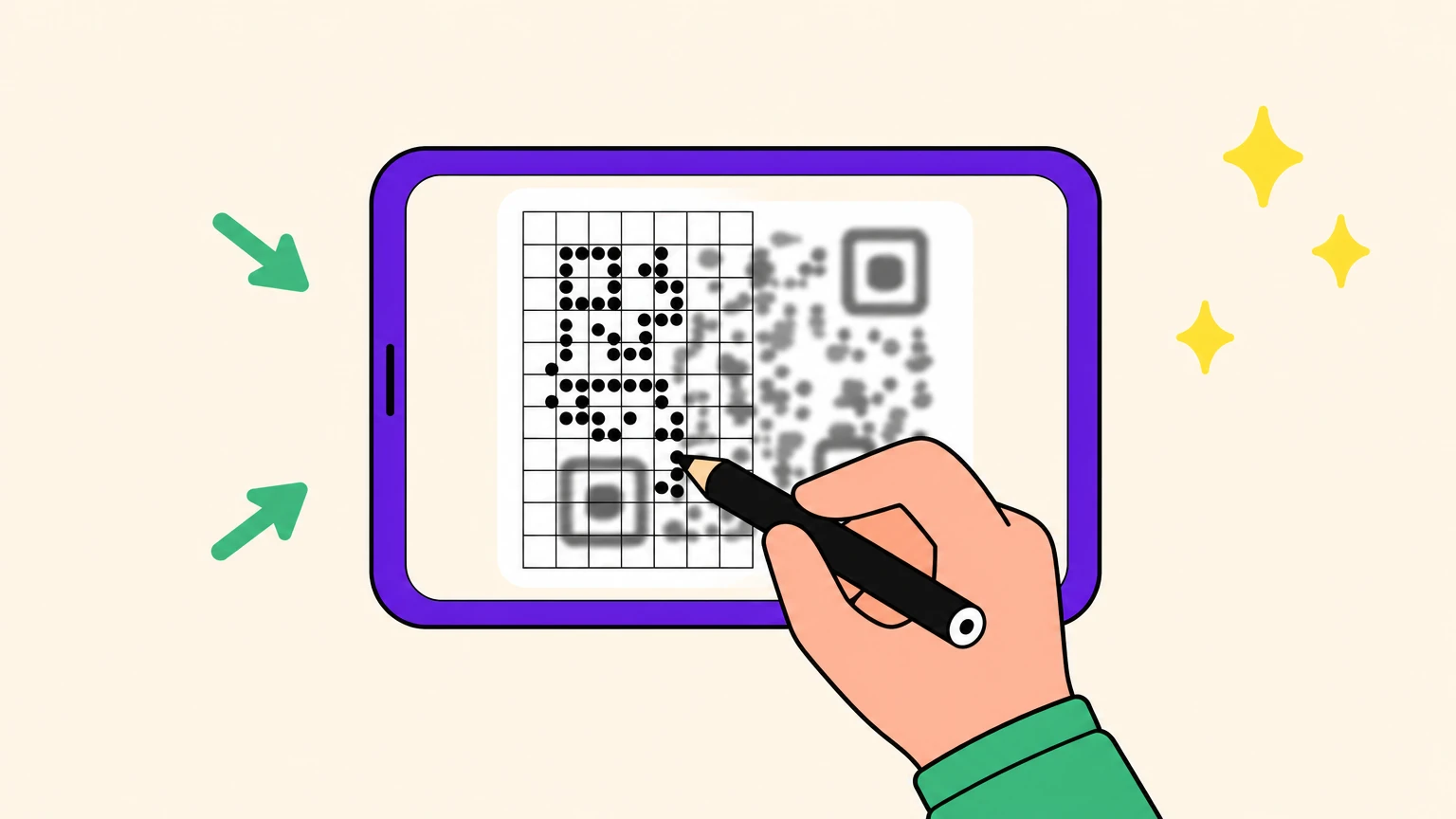 Una pantalla de teléfono con un código QR borroso que se vuelve a dibujar a mano, casilla por casilla, sobre una cuadrícula