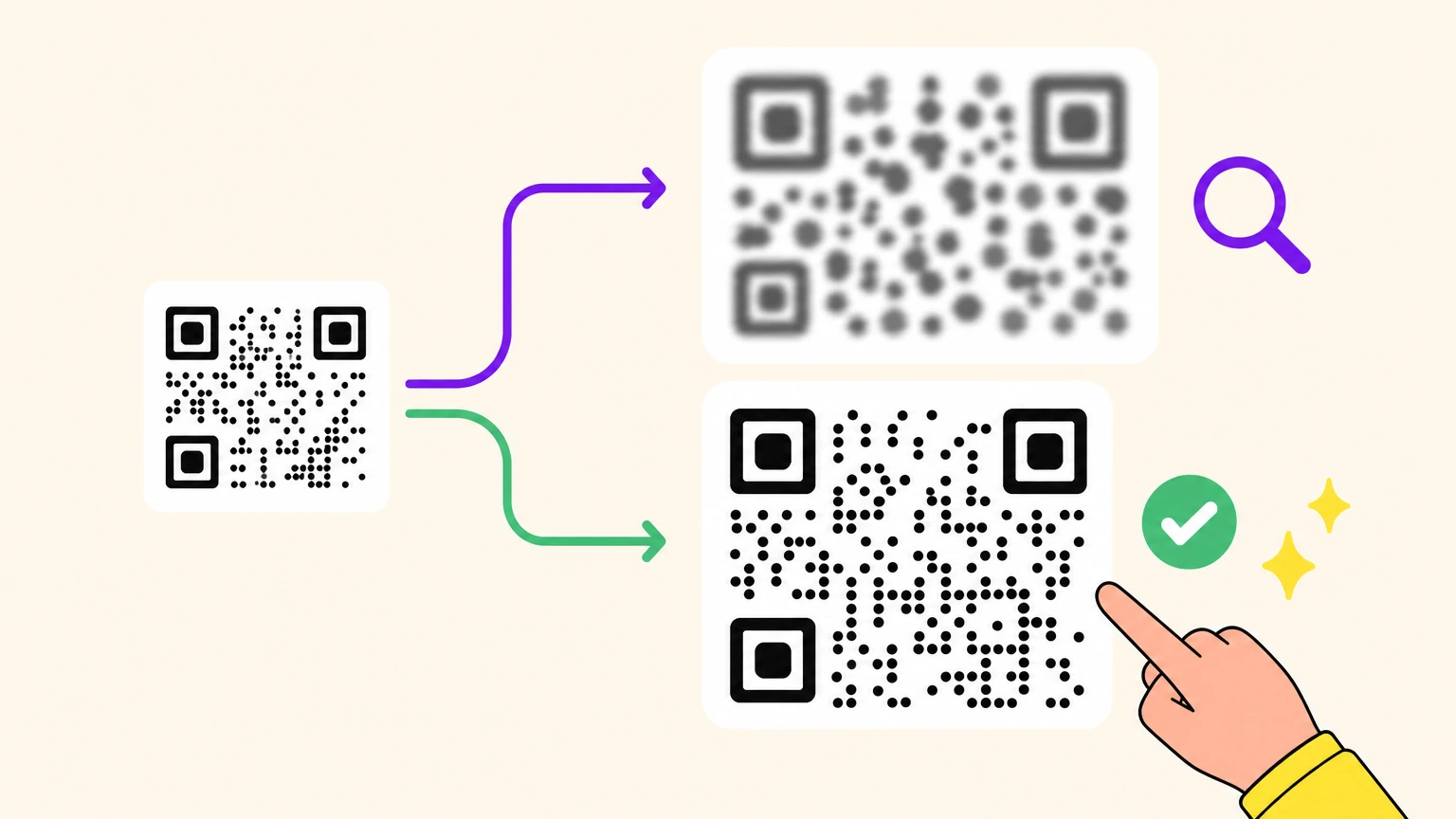 Un código QR pequeño ampliado de dos formas: estirado hasta volverse borroso, o redibujado nítido en vectorial