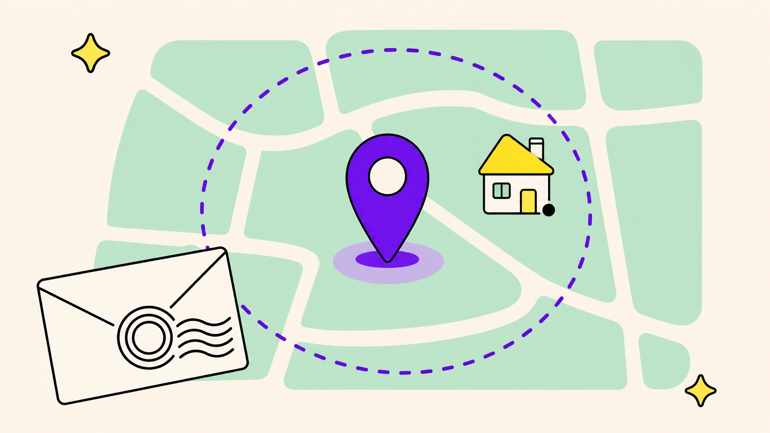 A map with a pin in the middle of a wide dashed circle, while the real house sits off to one side, next to an envelope with a postmark