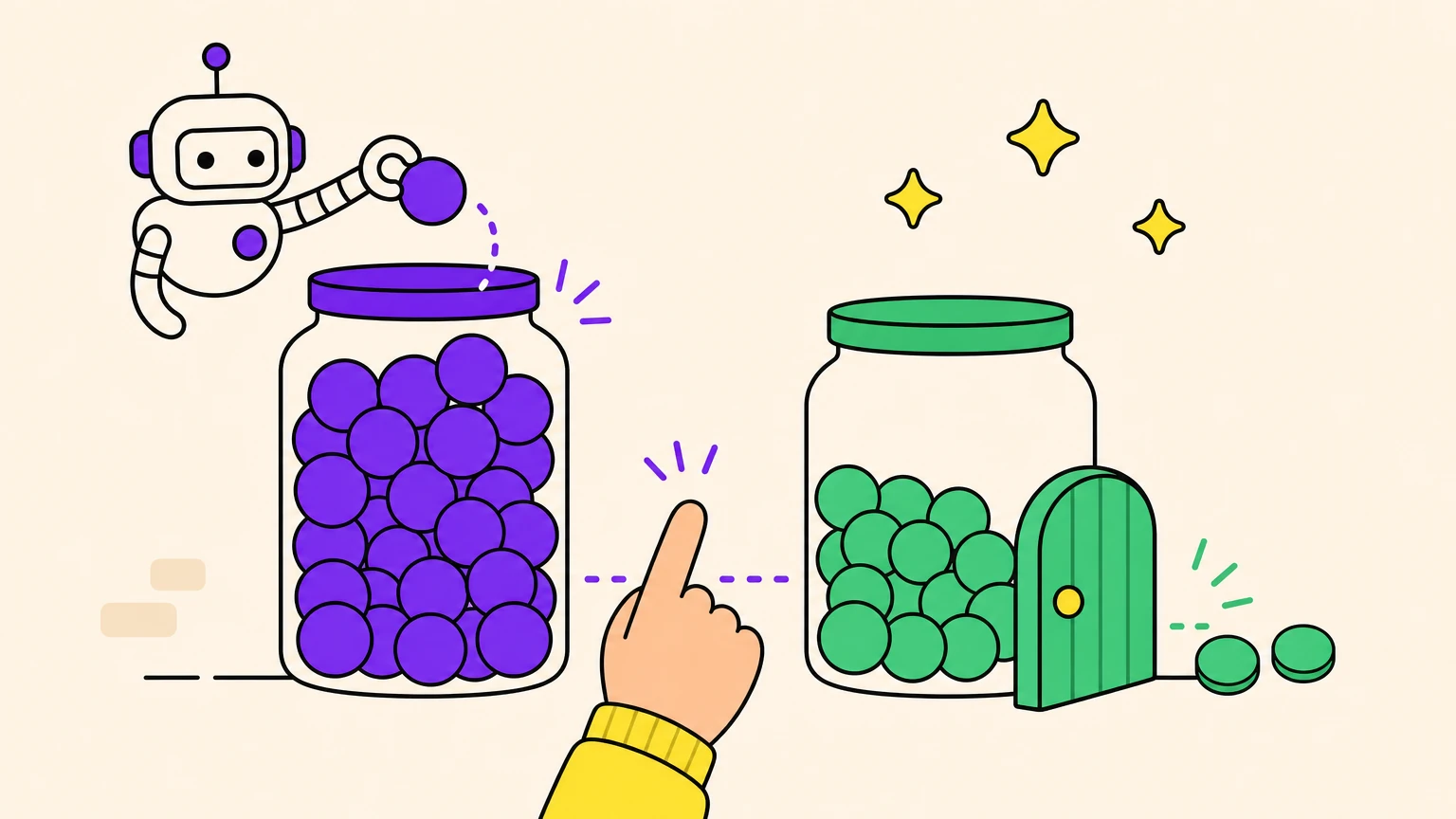 Two jars that never match: a robot drops extra tokens into the scans jar, while a small door keeps some tokens out of the visits jar