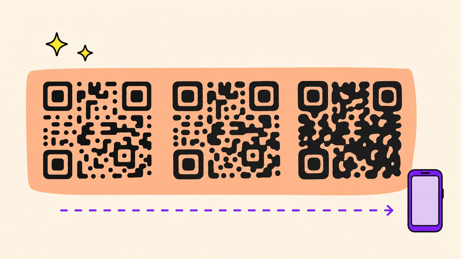 El mismo código QR tres veces sobre una franja de piel: cuadrados nítidos, cuadrados hinchados y cuadrados fundidos en manchas, junto a un teléfono con la pantalla en blanco