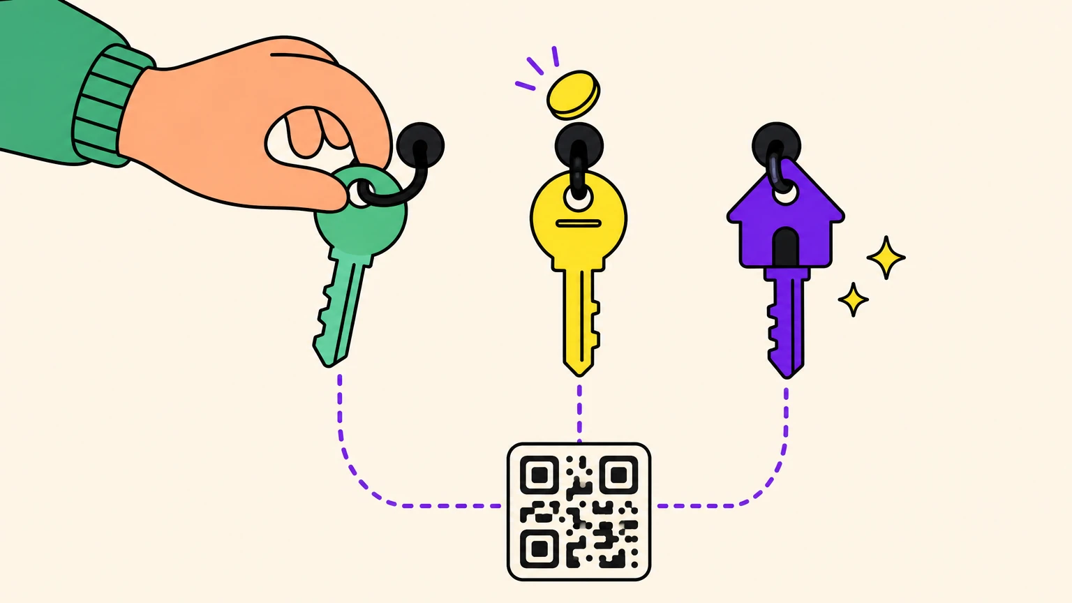 Tres llaves unidas al mismo código QR: una llave verde que una mano se lleva, una llave amarilla con una moneda encima y una llave violeta con forma de casa
