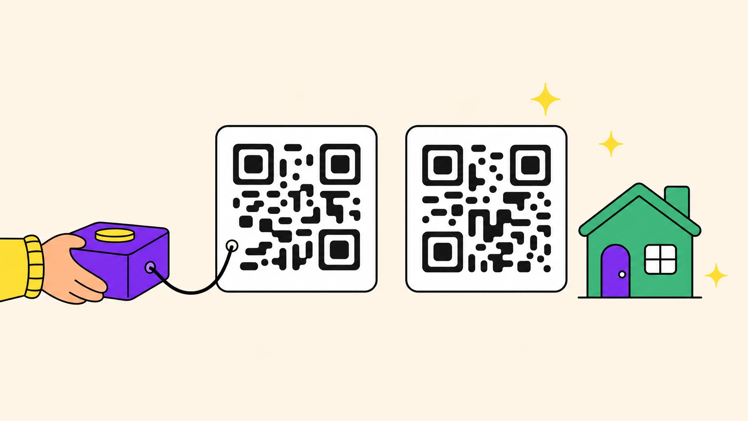 Deux cartes QR code côte à côte : l'une reliée par un fil à une boîte à monnaie violette tenue par une main, l'autre libre à côté d'une maison verte