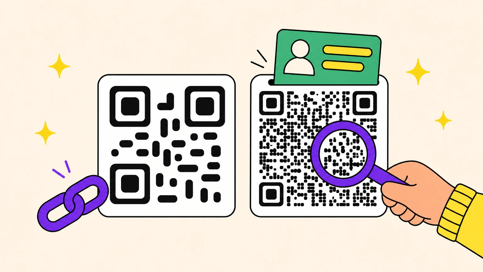 Deux QR codes de même taille : l'un fait de quelques gros carrés à côté d'un maillon de chaîne, l'autre rempli de minuscules carrés où glisse une carte de contact, sous une loupe