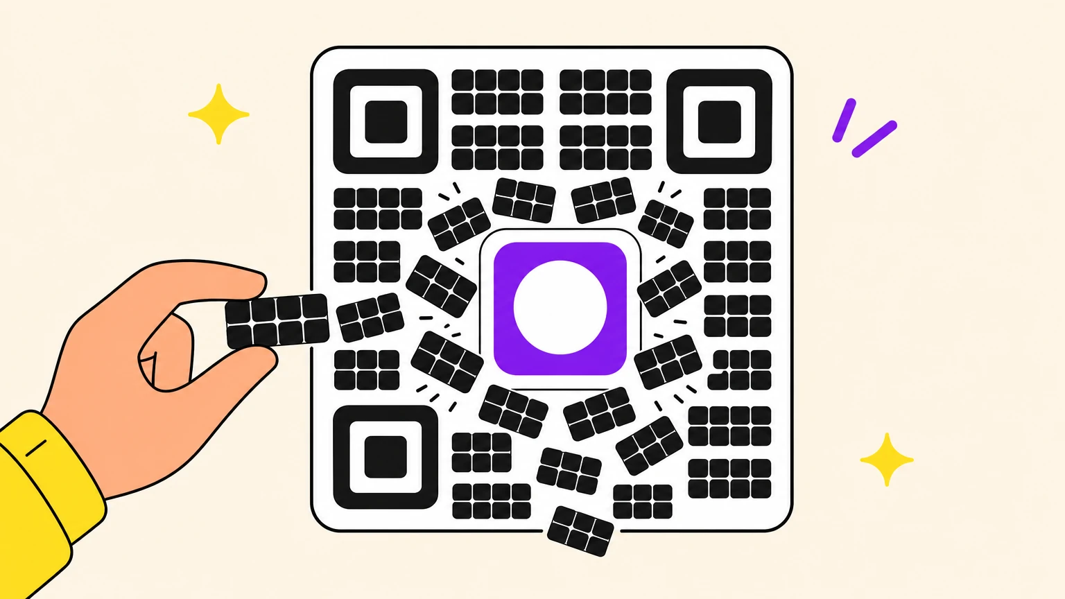 A QR code drawn as a wall of small black brick blocks, a violet logo badge in the middle, and a ring of bricks tumbling out around the badge while a hand holds up one brick
