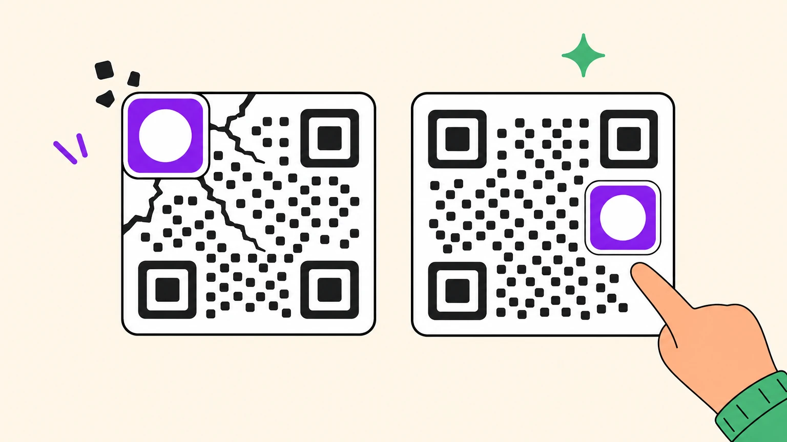 Two QR code cards side by side: on the left the logo badge covers a corner square and the card cracks; on the right the badge sits near the edge and the card stays intact, a hand pointing at it