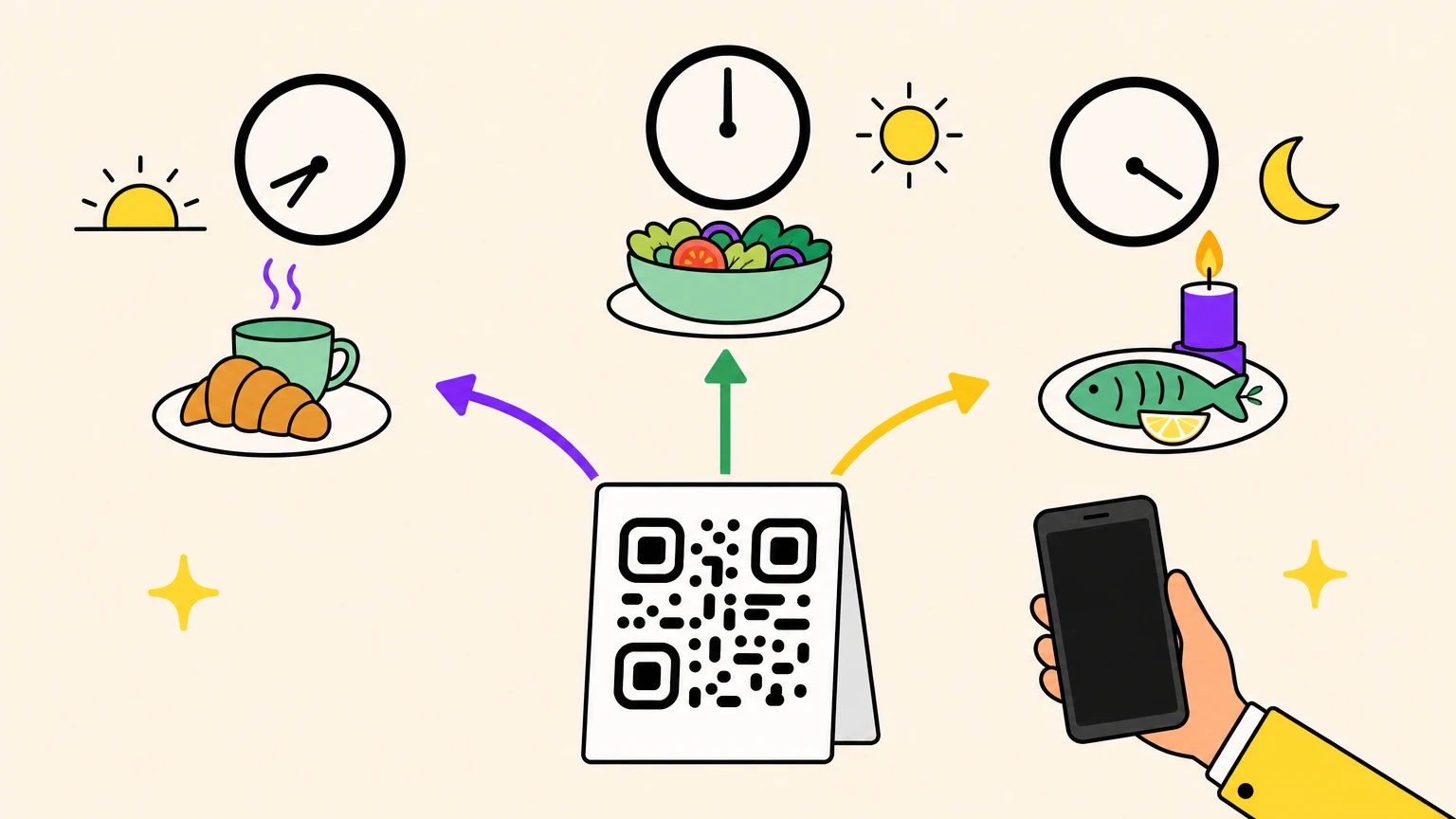 One table tent with a QR code in the centre, three arrows leading to three wall clocks set at morning, noon and evening, each above a different plate, and a hand holding a phone with a blank screen