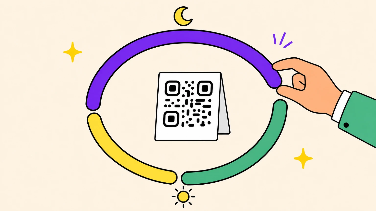 A day drawn as a ring with three coloured time windows on it, the violet evening window running across the top under a moon, and a table tent with a QR code in the middle of the ring