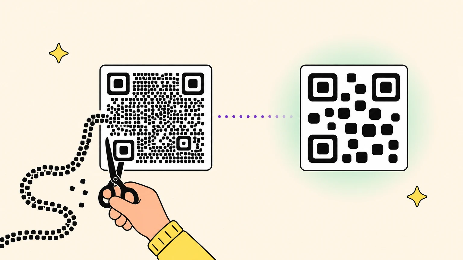 Une main avec des ciseaux coupe une longue traîne de petits carrés qui sort d'un QR code dense, et à côté le même code avec moins de carrés, plus gros