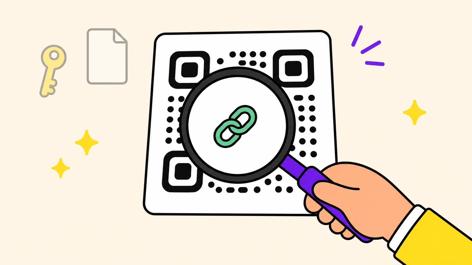 Una mano sostiene una lupa sobre un código QR impreso: dentro de la lente solo hay un eslabón de cadena, mientras una llave y una página en blanco, atenuadas, quedan fuera de su alcance