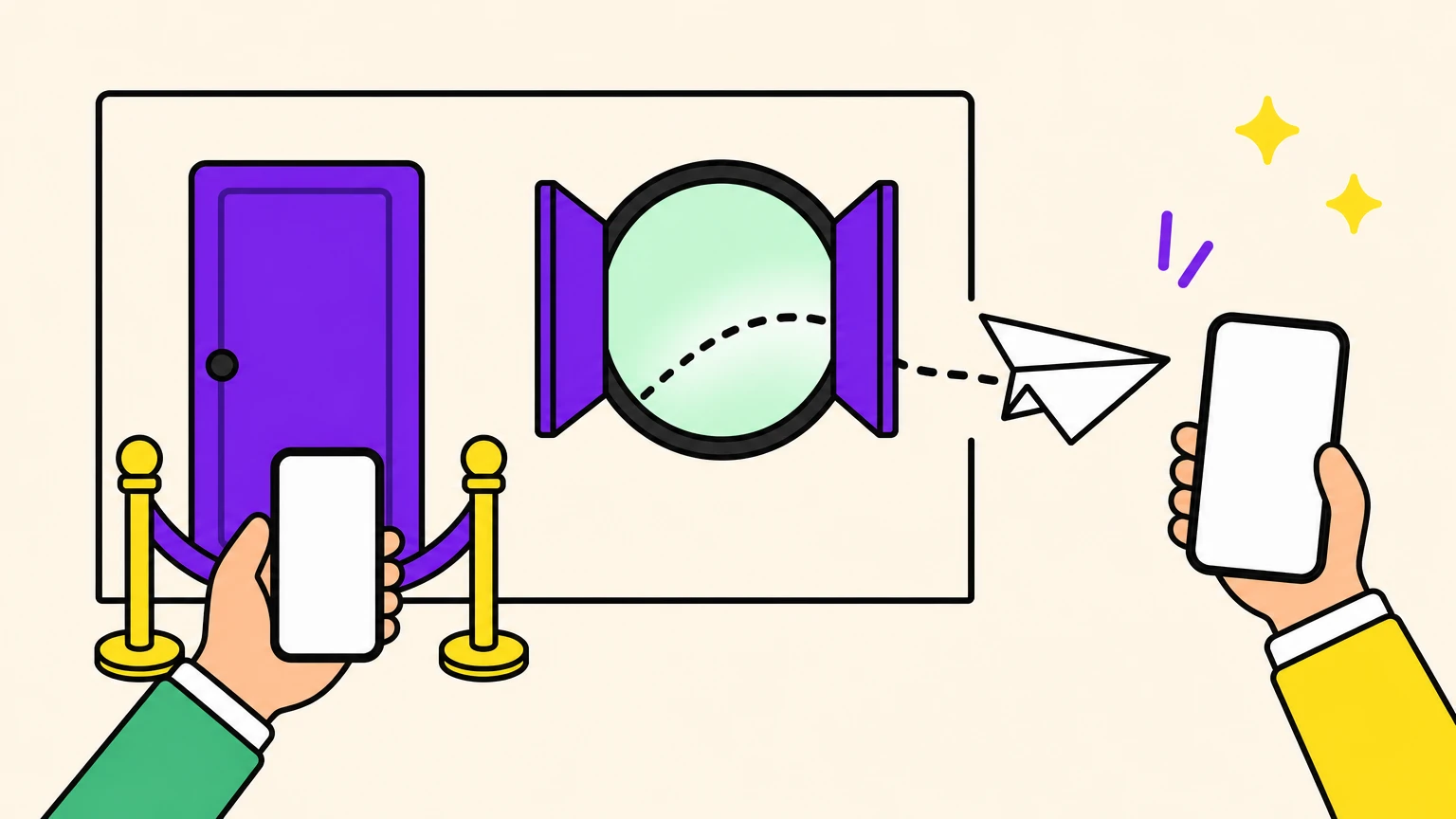 Una puerta violeta cerrada con un cordón de terciopelo delante, una mano con un teléfono junto al cordón, y un avión de papel que sale por una ventana redonda del muro hacia un segundo teléfono fuera