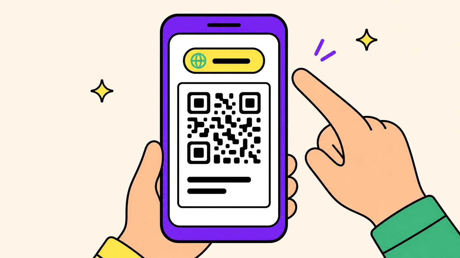Une main tient un téléphone violet dont l'appareil photo cadre un QR code imprimé ; au-dessus du code, une bannière jaune avec un globe représente le nom du site, et l'index d'une seconde main s'en approche sans appuyer