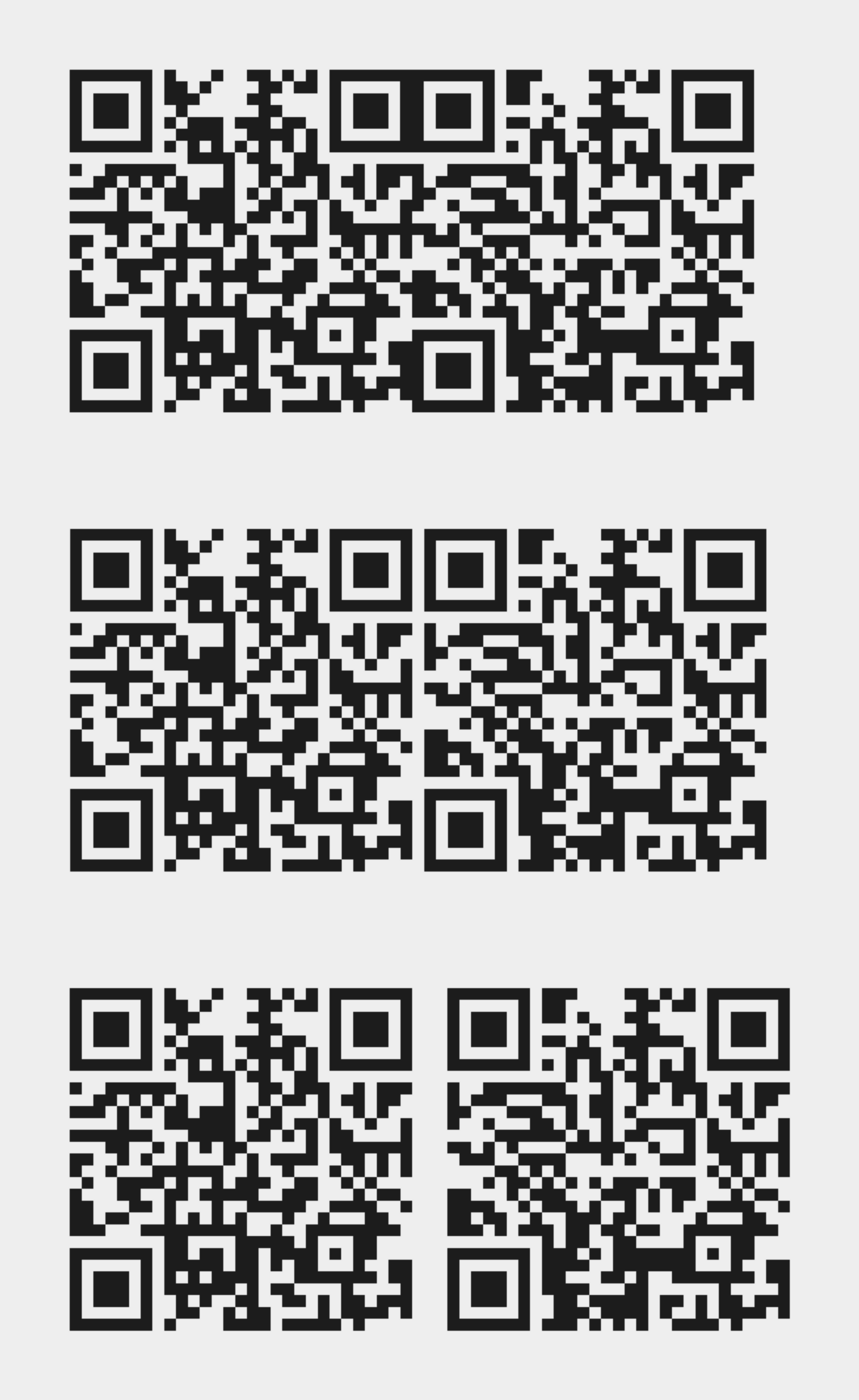 Trois rangées de deux QR codes imprimés côte à côte, rendus par notre simulation : collés sur la première rangée, à un module d'écart sur la deuxième, à trois modules sur la troisième